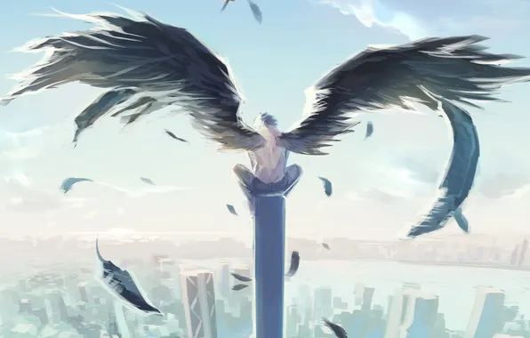 The sky, clouds, the city, height, home, wings, anime, feathers