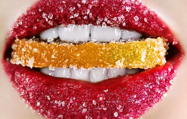 Red, orange, lips, sugar, makeup