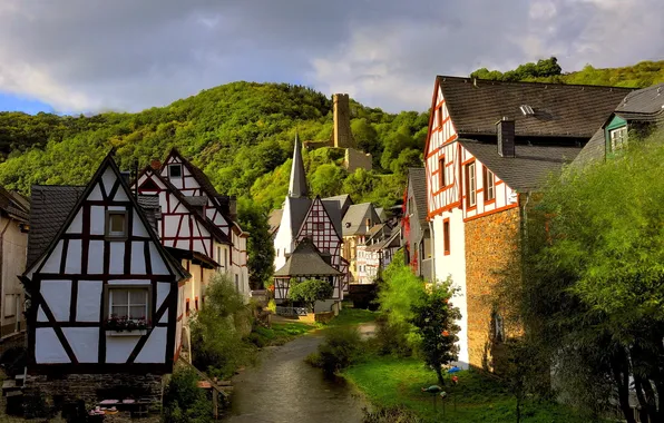 Forest, stream, tower, home, Germany, Montreal, Rhineland-Palatinate