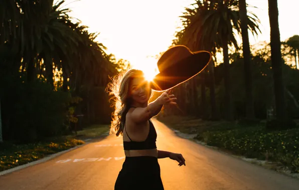 Girl, flight, sunset, face, smile, hat