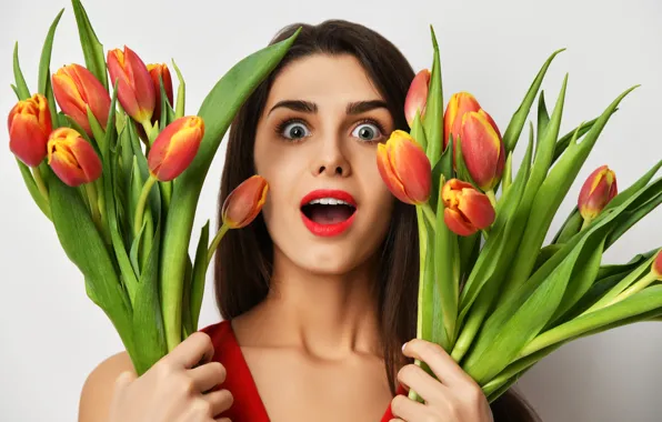 Picture girl, flowers, face, background, surprise, makeup, hairstyle, tulips