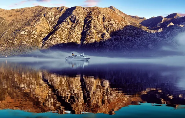 Picture the sky, water, reflection, mountains, ship