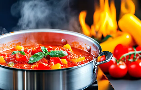 Fire, flame, plate, pan, tomatoes, tomatoes, Lecho, cooking