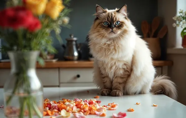 Cat, cat, look, light, flowers, pose, table, bouquet