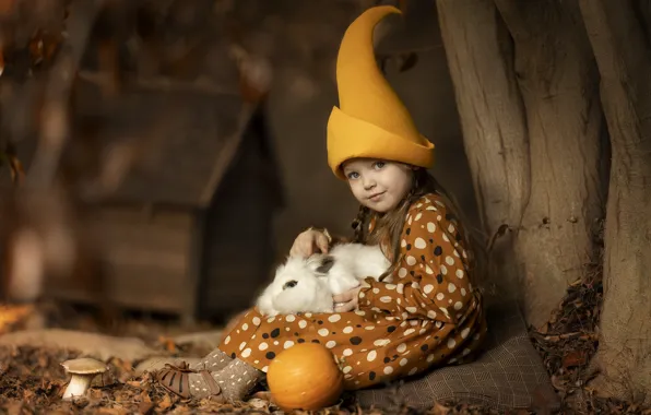 Picture autumn, tree, animal, rabbit, girl, pumpkin, trunk, dwarf