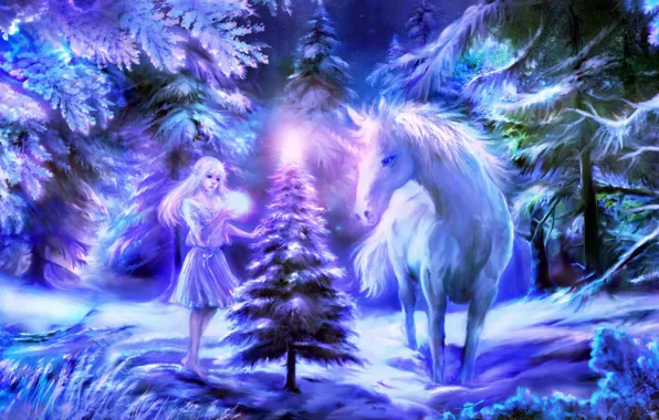 Winter, forest, tree, Christmas, unicorn, elf