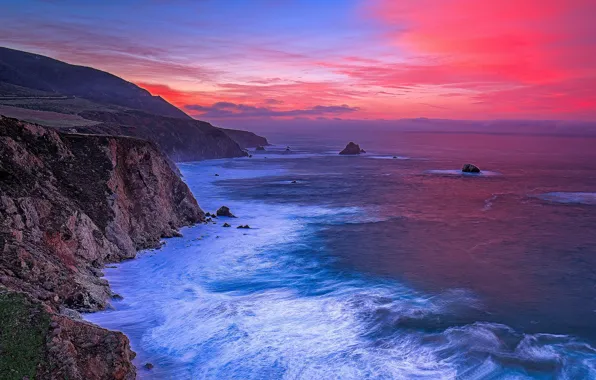 Picture sea, rocks, CA, glow, USA, Monterey