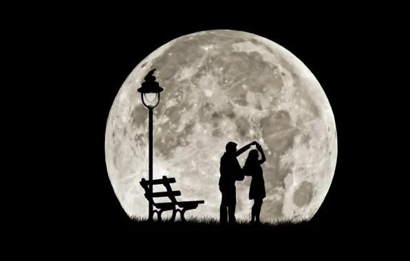 Dance, pair, silhouettes, full moon