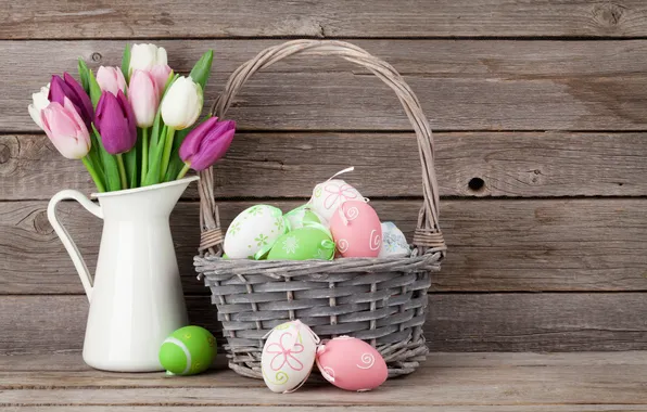Flowers, eggs, bouquet, spring, colorful, Easter, tulips, happy