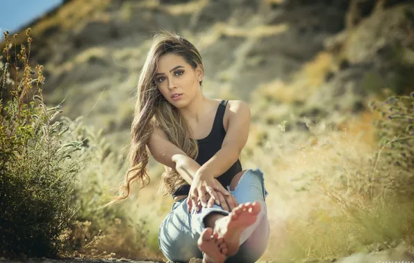 Look, girl, pose, feet, jeans, hands, long hair, Valentina