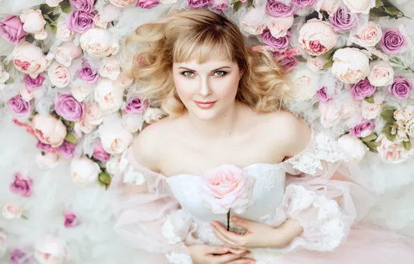 Picture look, girl, flowers, face, pose, smile, woman, portrait