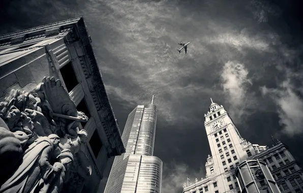 The sky, the building, black and white, monument, the plane