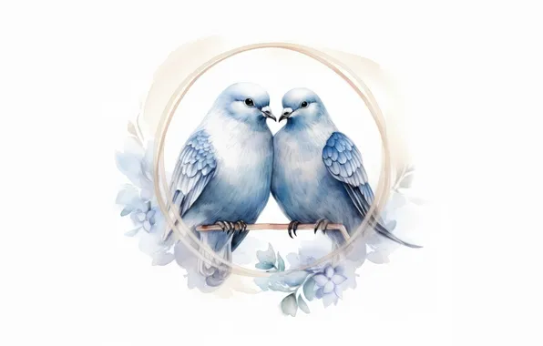 Love, flowers, birds, dove, round, branch, blue, watercolor