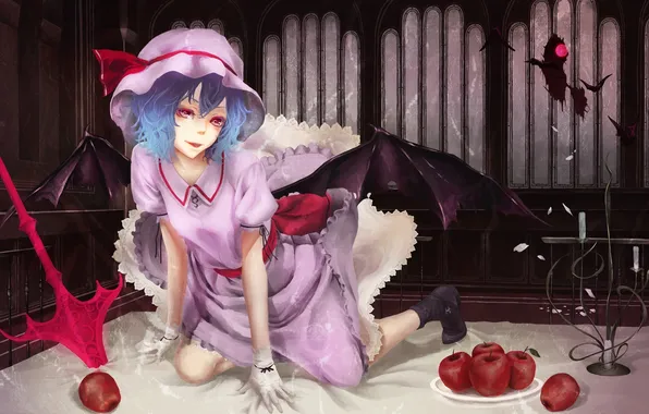 Picture girl, weapons, apples, wings, the demon, art, touhou, remilia scarlet