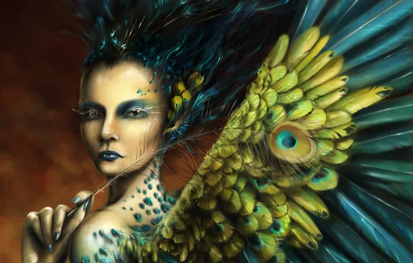 Girl, pen, wings, feathers, fantasy, art, peacock