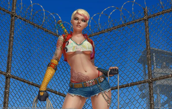 Girl, shorts, jeans, piercing, tower, blonde, tattoo, grille