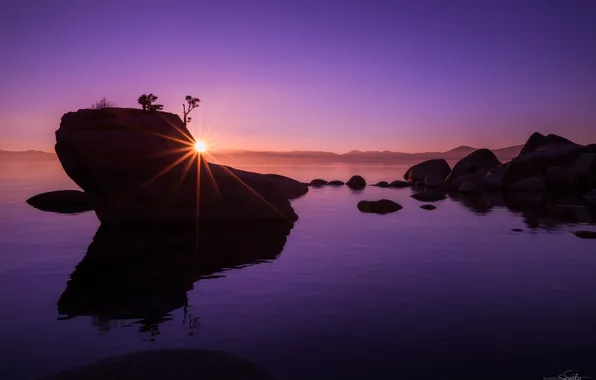 Picture landscape, lake, dawn, lake Tahoe, Bonsai Rock