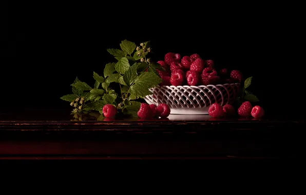 Picture raspberry, table, foliage, branch, plate, the dark background