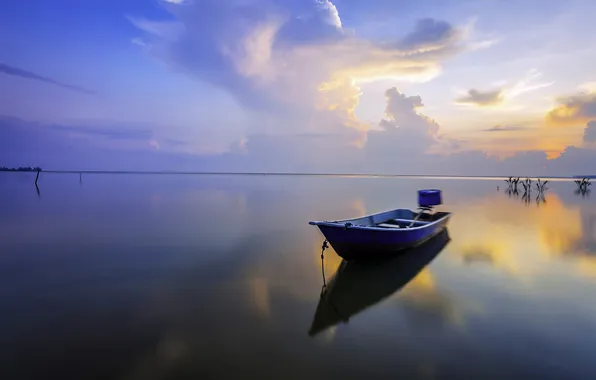 Picture the sky, clouds, sunset, lake, reflection, boat