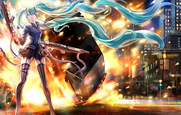 Machine, the explosion, night, the city, lights, the wind, Hatsune Miku, Vocaloid