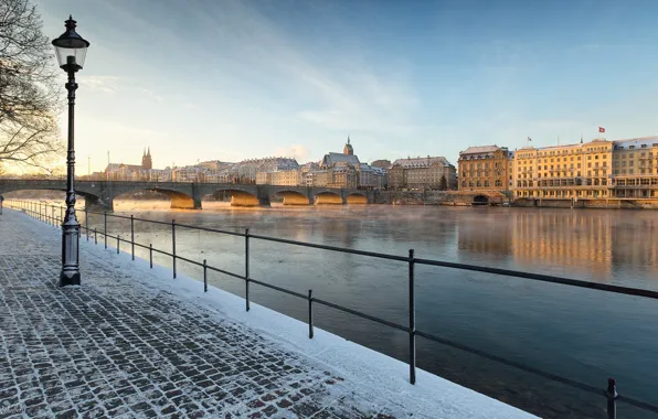 Snow, bridge, river, morning, Switzerland, promenade, Basel, Mustermesse