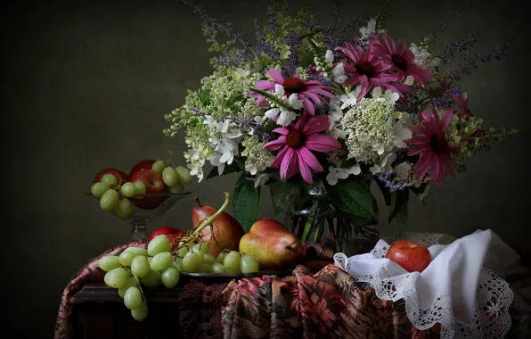 Picture apples, bouquet, grapes, still life, pear, hydrangea, Echinacea
