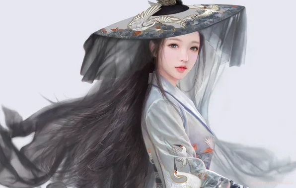 Hat, grey background, long hair, veil, cranes, Korean, grey suit, by Ruoxin Zhang