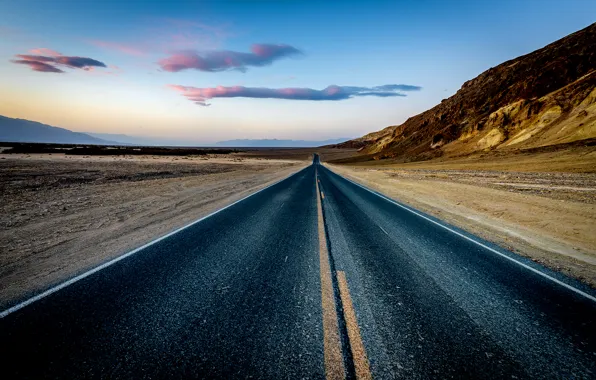 Rock, road, desert, sunset, mountain, sand, dusk, highway