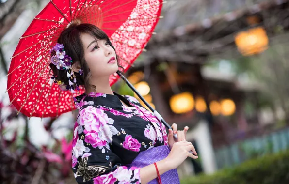 Picture girl, umbrella, kimono, Asian