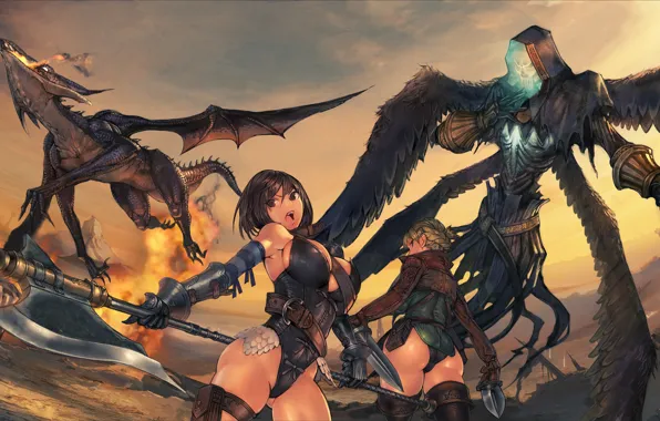 Picture girl, mountains, fire, flame, dragon, the game, wings, armor