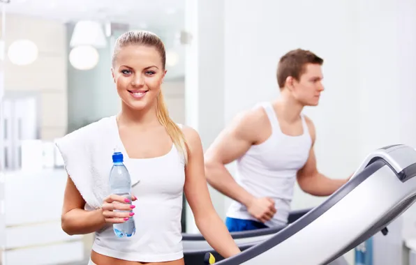 Picture girl, towel, gym, Fitness, water bottle, treadmill, treadmill workout, girl smiling