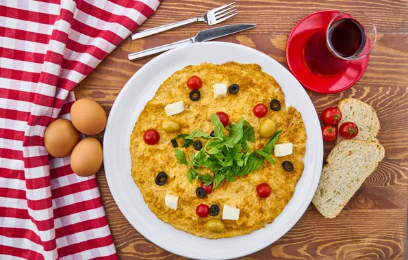 Eggs, Breakfast, plate, bread, omelette
