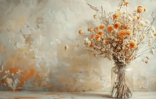 Wall, bouquet, texture, Bank, light background, plaster, the dried flowers, AI art