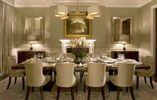 Flowers, table, chairs, interior, picture, chandelier, vase, orchids