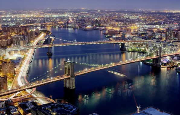 Night, lights, river, New York, panorama, USA, bridges, East River