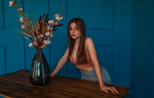 Look, girl, pose, bouquet, vase, long hair, Olga Kaniskina