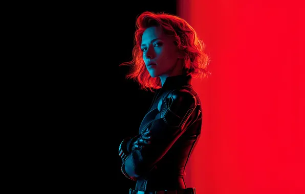 Picture Scarlett Johansson, look, Black Widow, Natasha Romanoff, superhero, red&black