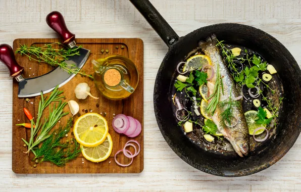 Picture greens, lemon, Board, fish, bow, dill, knife, parsley