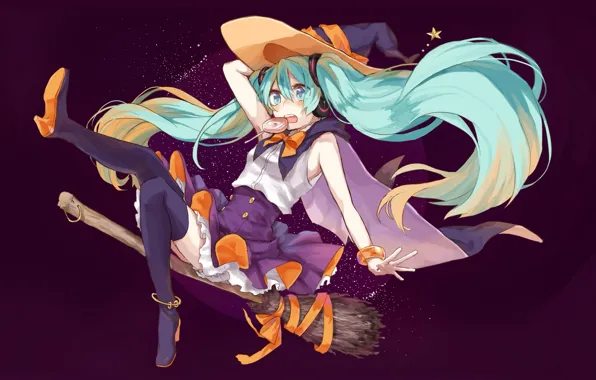 Flight, Halloween, broom, cloak, vocaloid, Hatsune Miku, Vocaloid, blue hair
