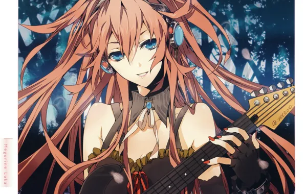 Guitar, headphones, vocaloid, Vocaloid, pink hair, Megurine Luka