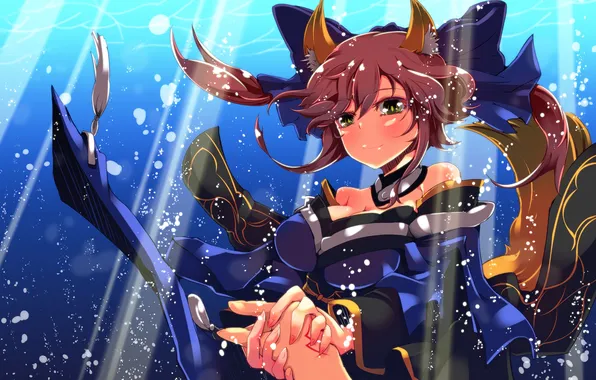 Water, girl, the ocean, hand, anime, art, ears, under water