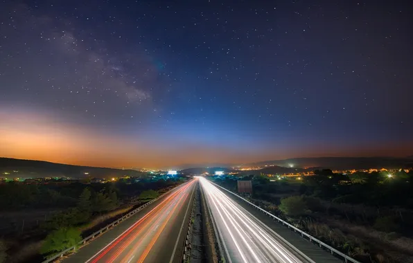 Road, the sky, stars, night, lights
