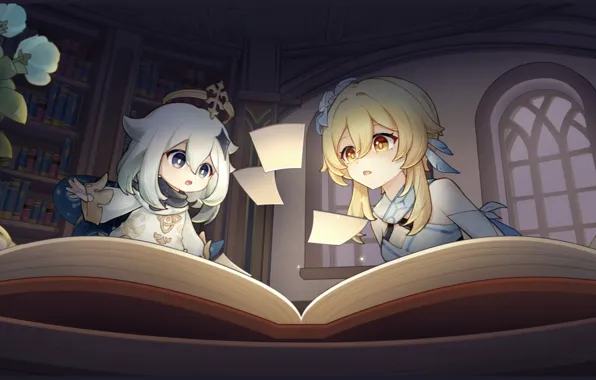 Flowers, surprise, book, library, leaves, Genshin Impact, Light, Paimon