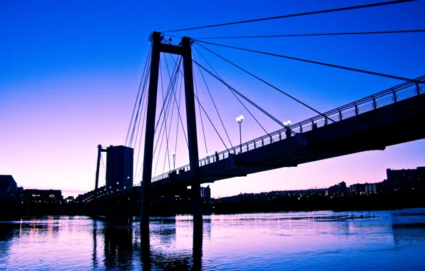 The sky, sunset, bridge, the city, river, blue, pink, purple