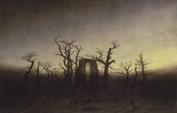 Trees, picture, ruins, Caspar David Friedrich, Abbey among Oak trees