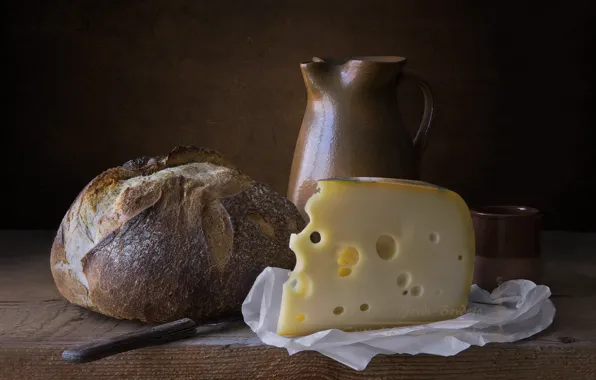 Picture cheese, bread, pitcher, still life