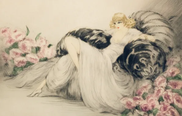 Picture 1935, Peonies, Louis Icart, the blonde in the chair