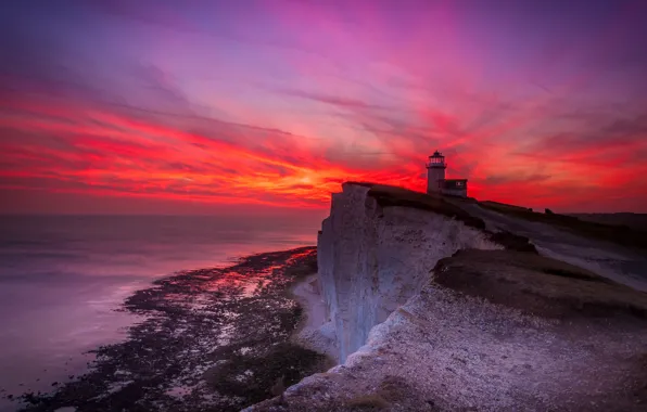 Sea, the sky, sunset, rocks, red, shore, lighthouse, the evening