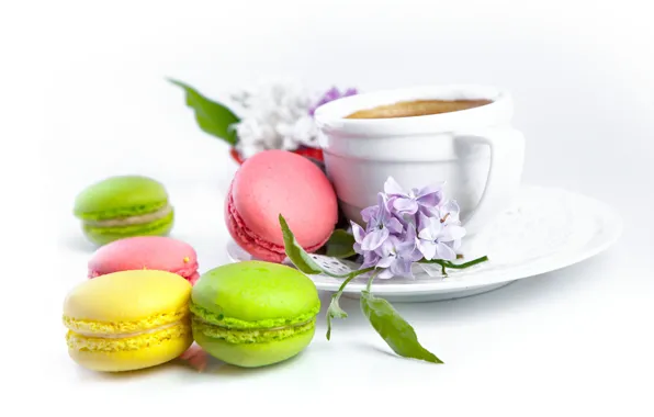 Picture coffee, the sweetness, flowers, leaves, cakes, Macaroon