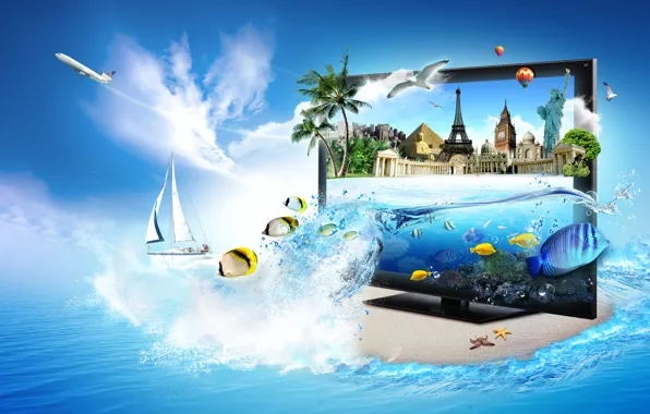Picture sea, fish, palm trees, Eiffel tower, seagulls, yacht, pyramid, monitor